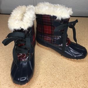 Sporto duck boots fur lined red navy blue plaid